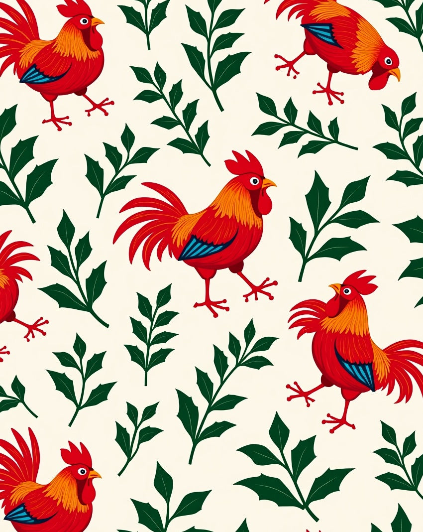 Red Roosters Green Leafy Branches Rug