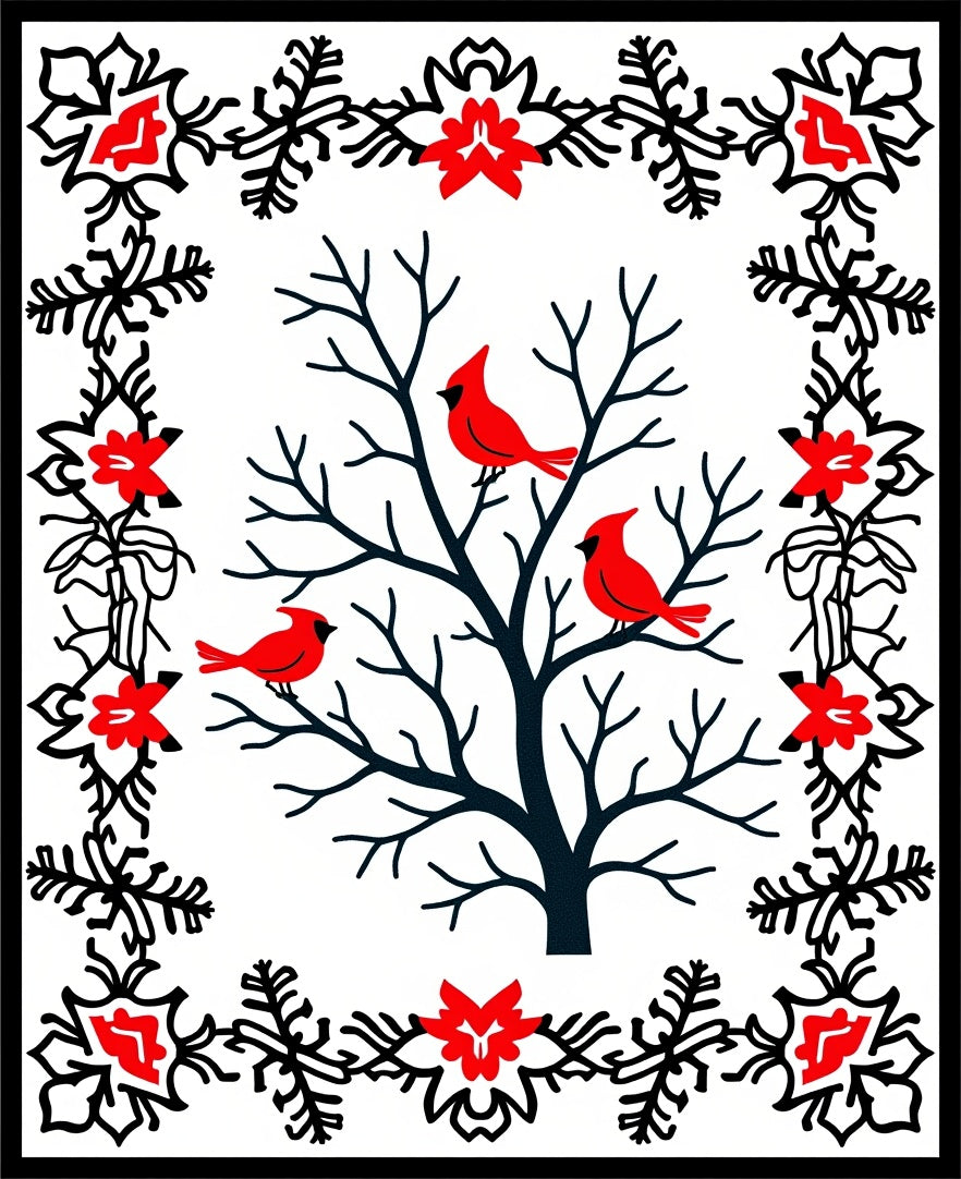Winter Cardinals Tree Red Snowflakes Rug