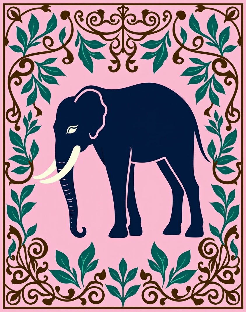 Dark Blue Elephant Pink Floral Frame Rug