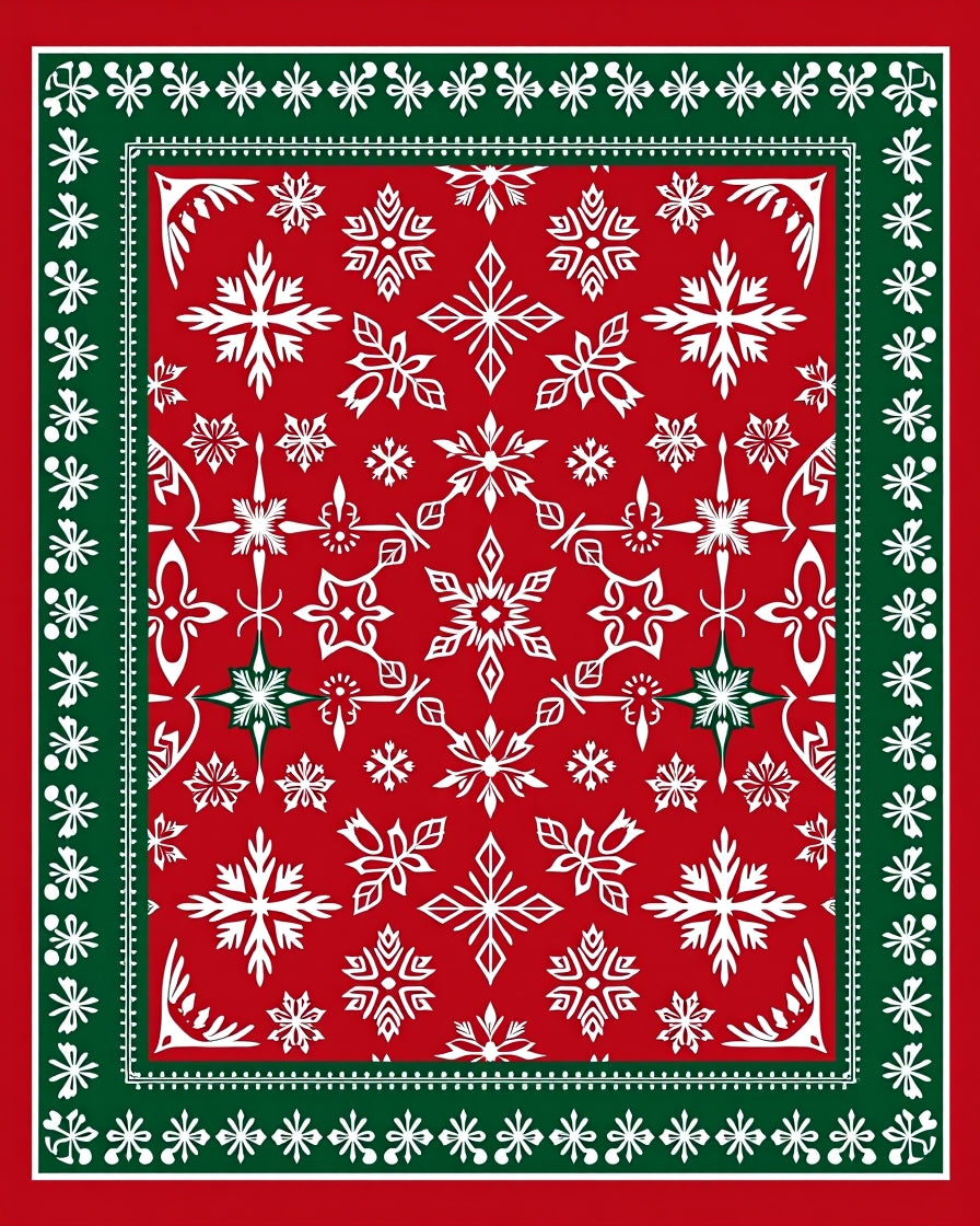 Red White Green Snowflake Border Rug