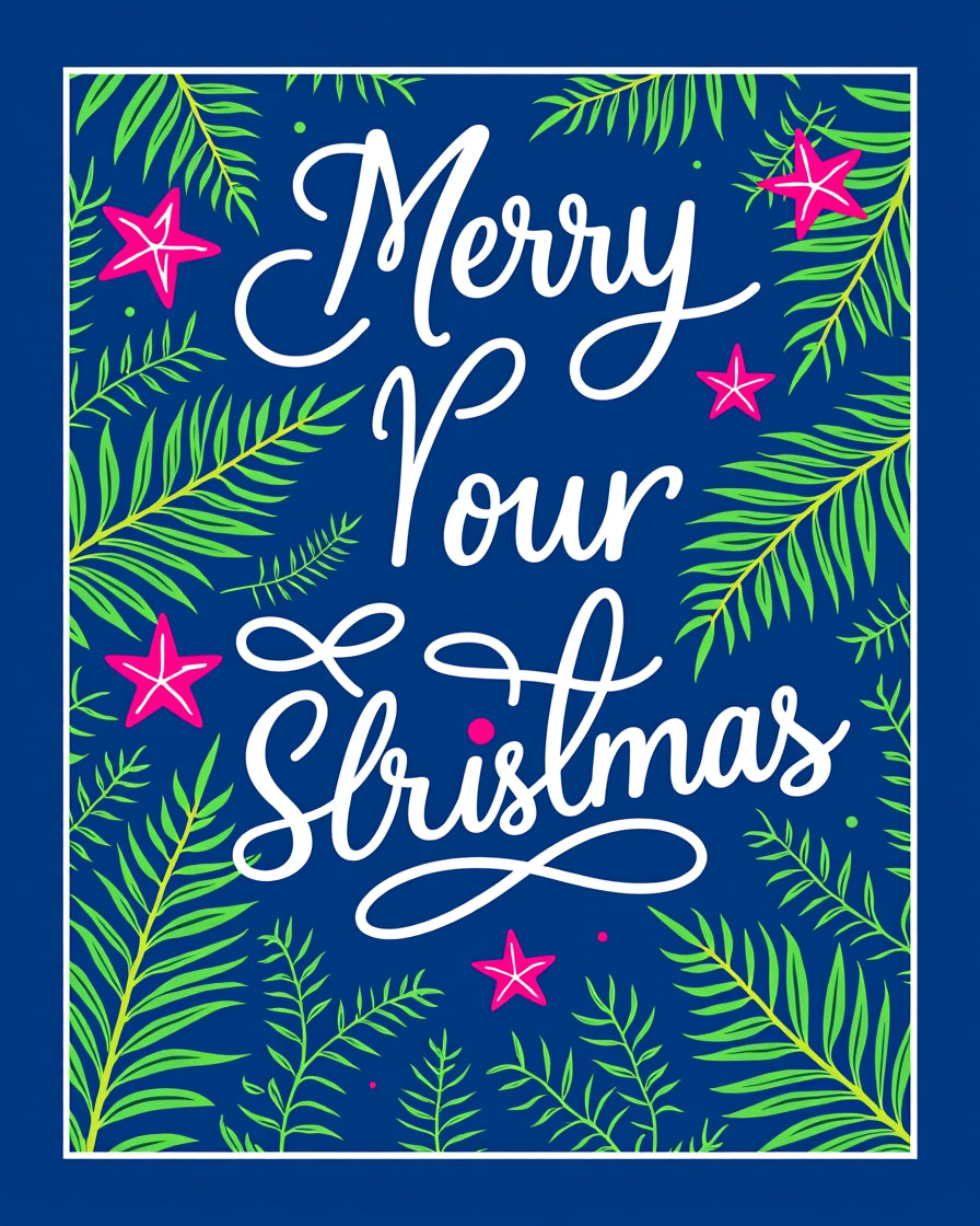 Vibrant Blue Green Star Christmas Script Rug