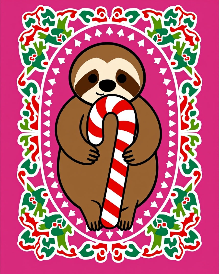 Whimsical Sloth Candy Cane Festive Frame Rug