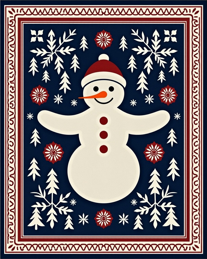 Winter Snowman Scene Folk Art Rug