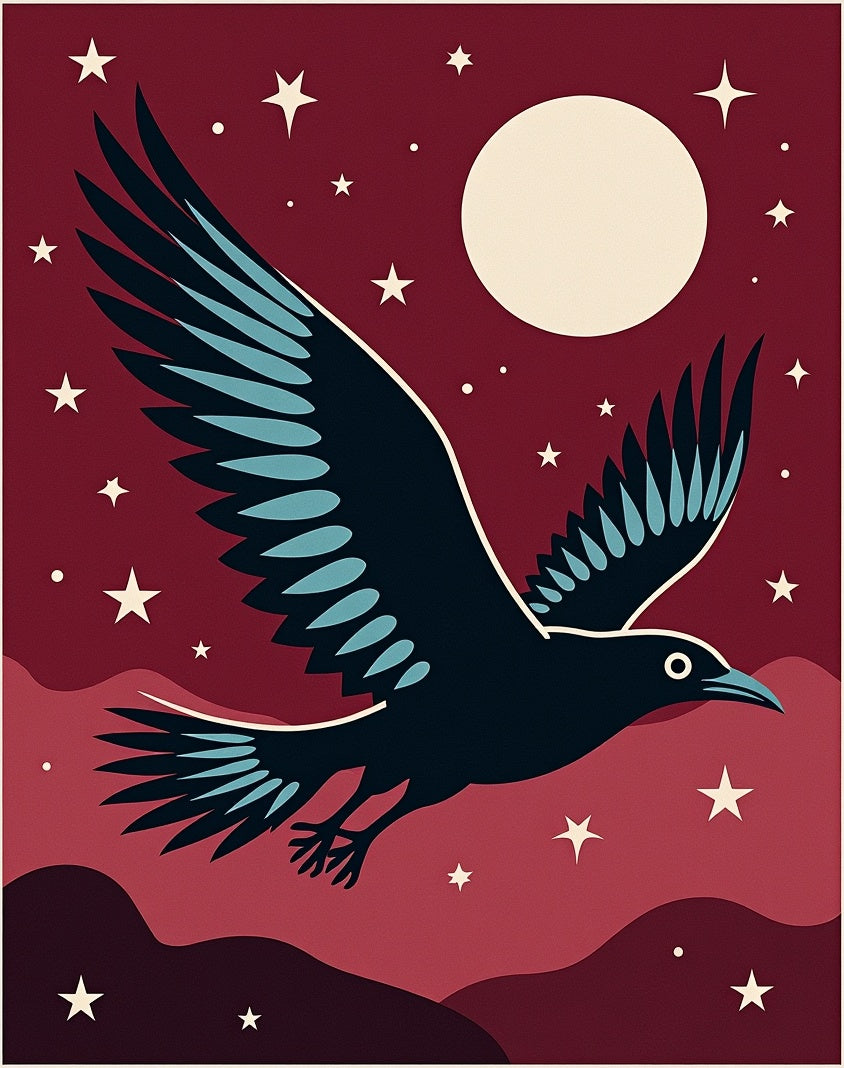 Crimson Night Sky Crow Moon Stars Rug
