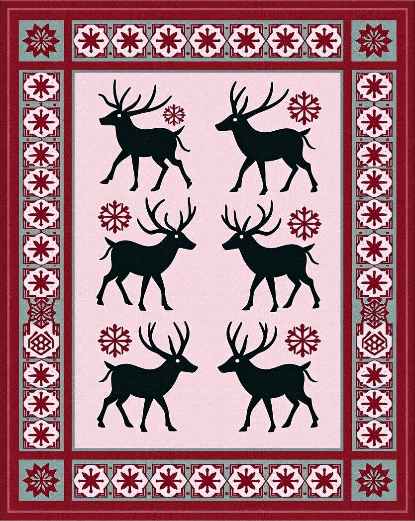 Crimson Reindeer Snowflake Border Rug