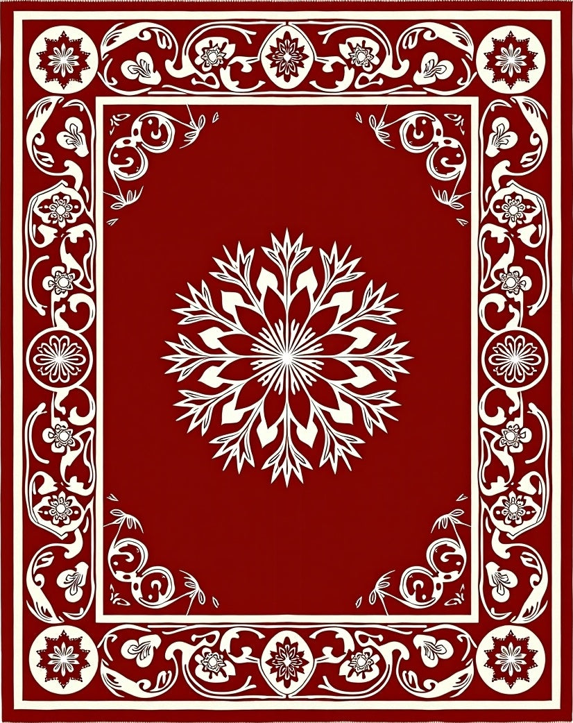 Crimson Bordered White Floral Rays Rug