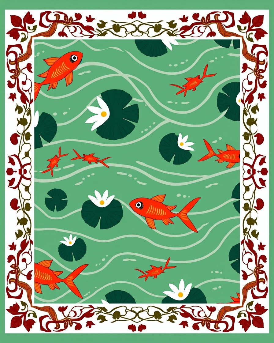 Orange Fish Pond Lily Pad Border Rug