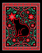 Black Cat Red Floral Whimsical Art Rug