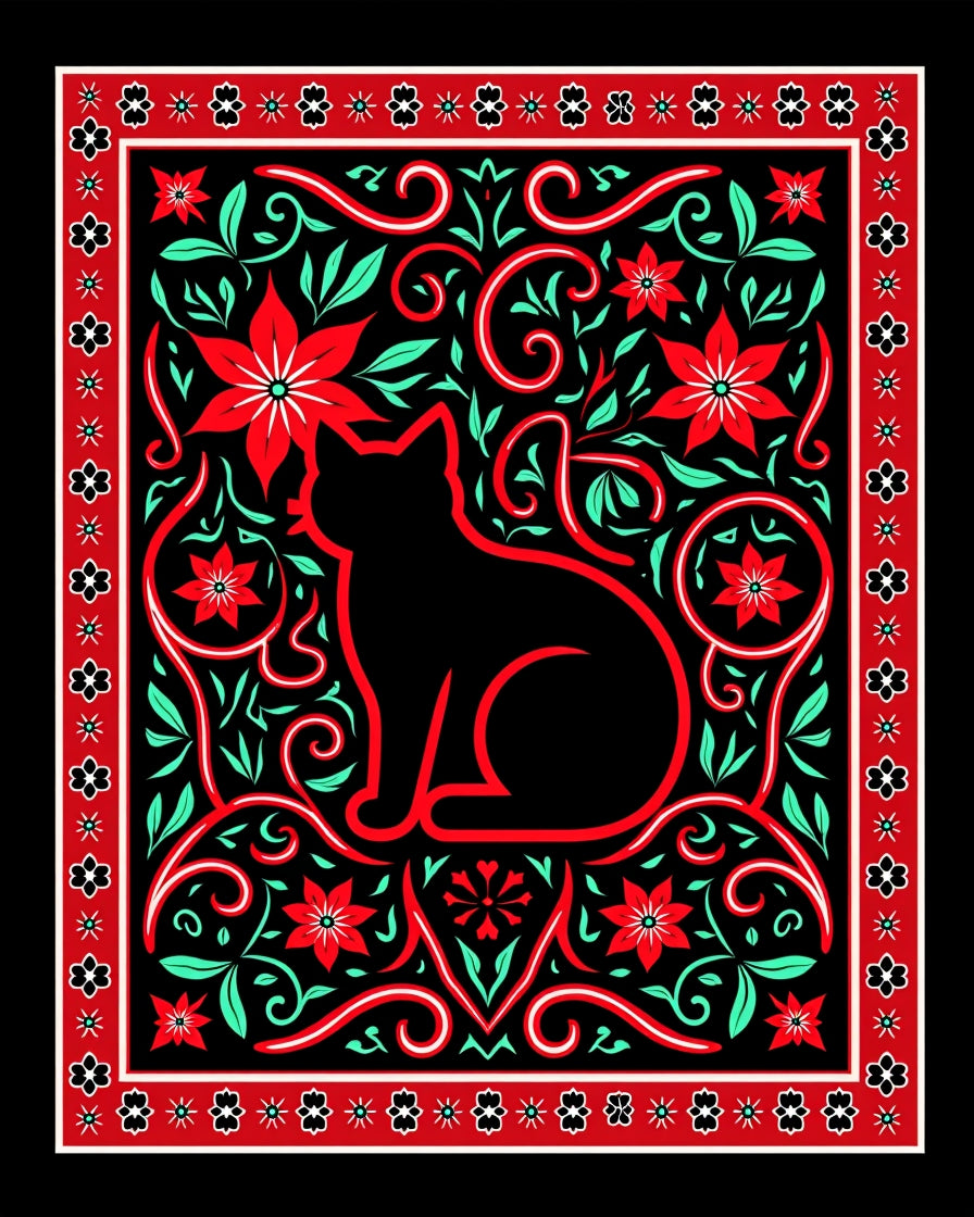 Black Cat Red Floral Whimsical Art Rug