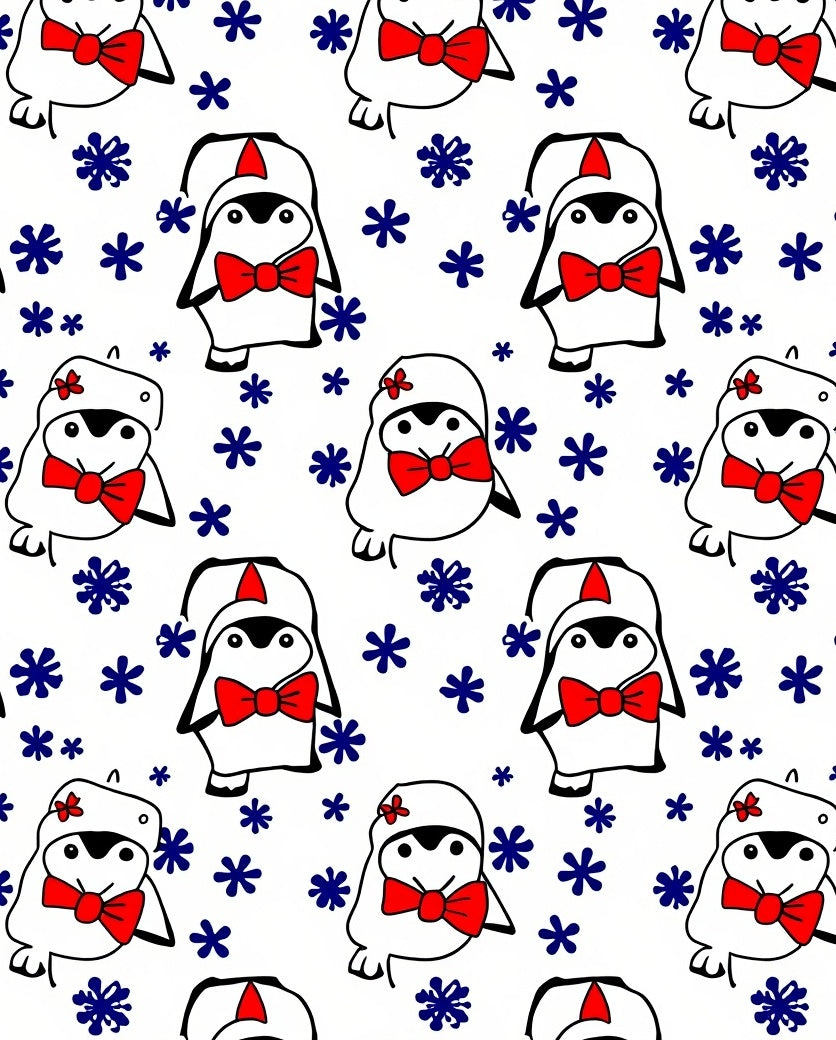 Festive Red Bow Penguin Snowflakes Rug