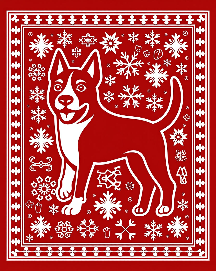 Red Snowy Dog Snowflake Border Rug