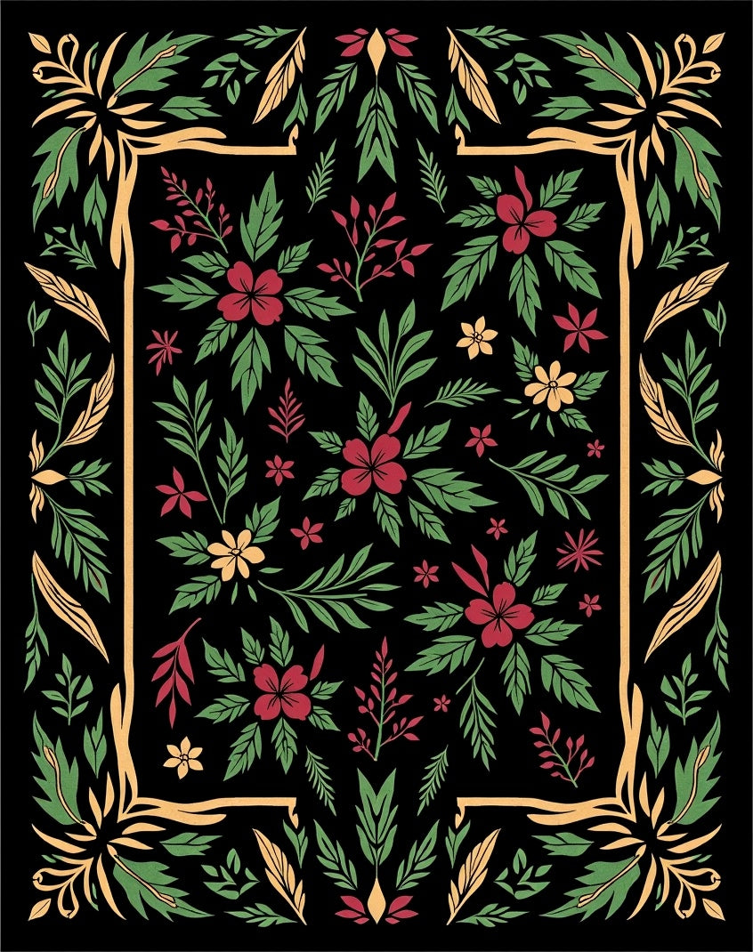 Crimson Yellow Green Floral Garden Frame Rug