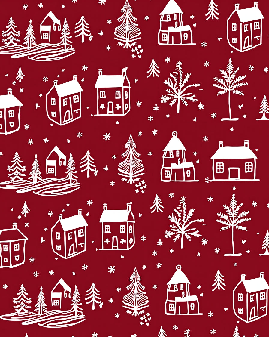 Winter Village Red White Landscape Rug