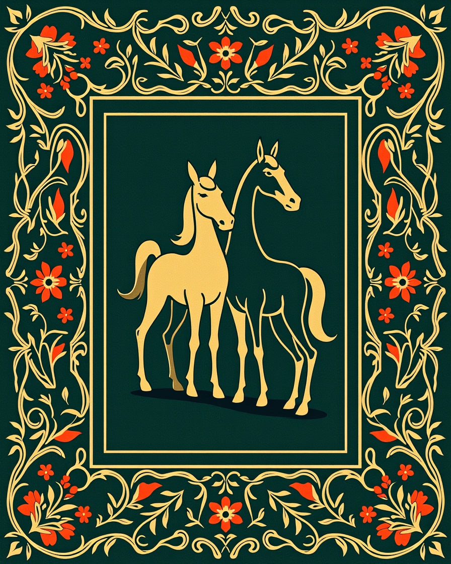 Golden Horses Floral Border Rug