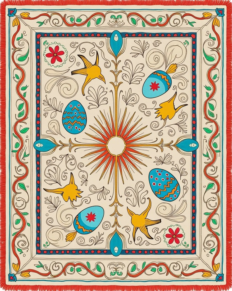 Eclectic Yellow Birds Easter Eggs Sunburst Rug