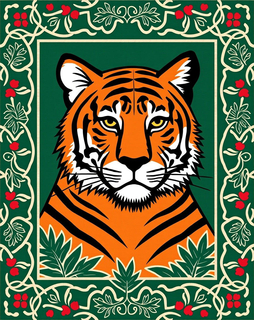 Bold Tiger Portrait With Floral Border Rug