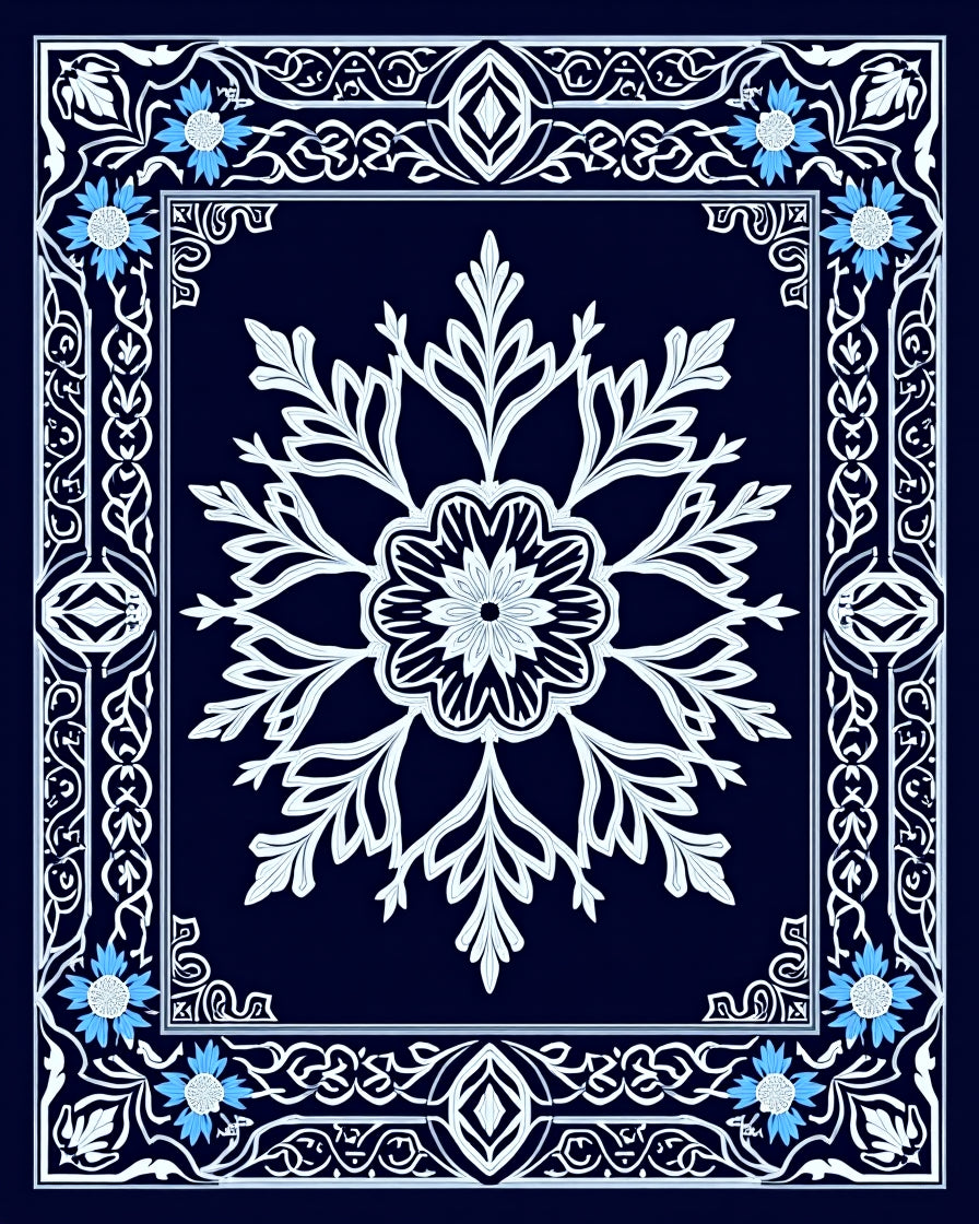 Navy White Blue Floral Intricate Rug