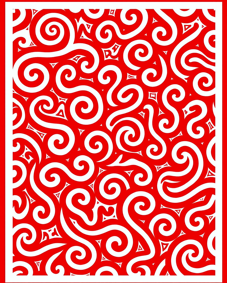 Bold Red Swirls and Triangles Repeat Rug