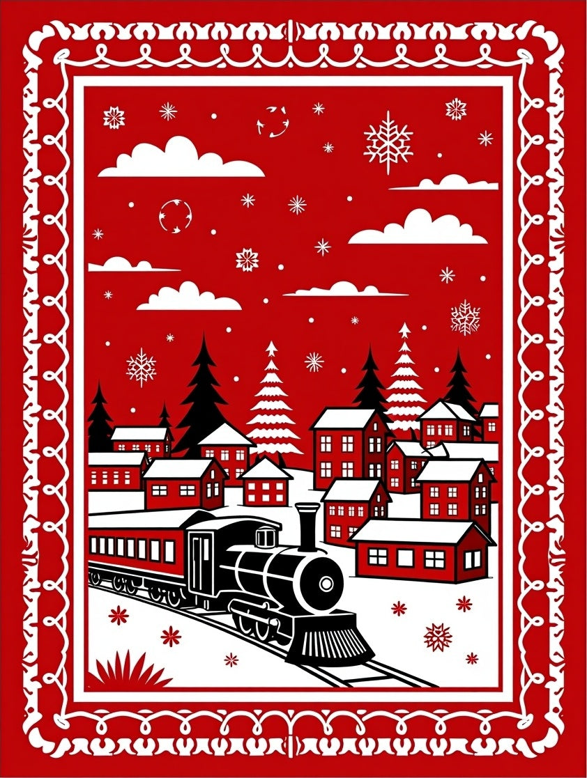 Crimson Winter Village Train Scene Rug