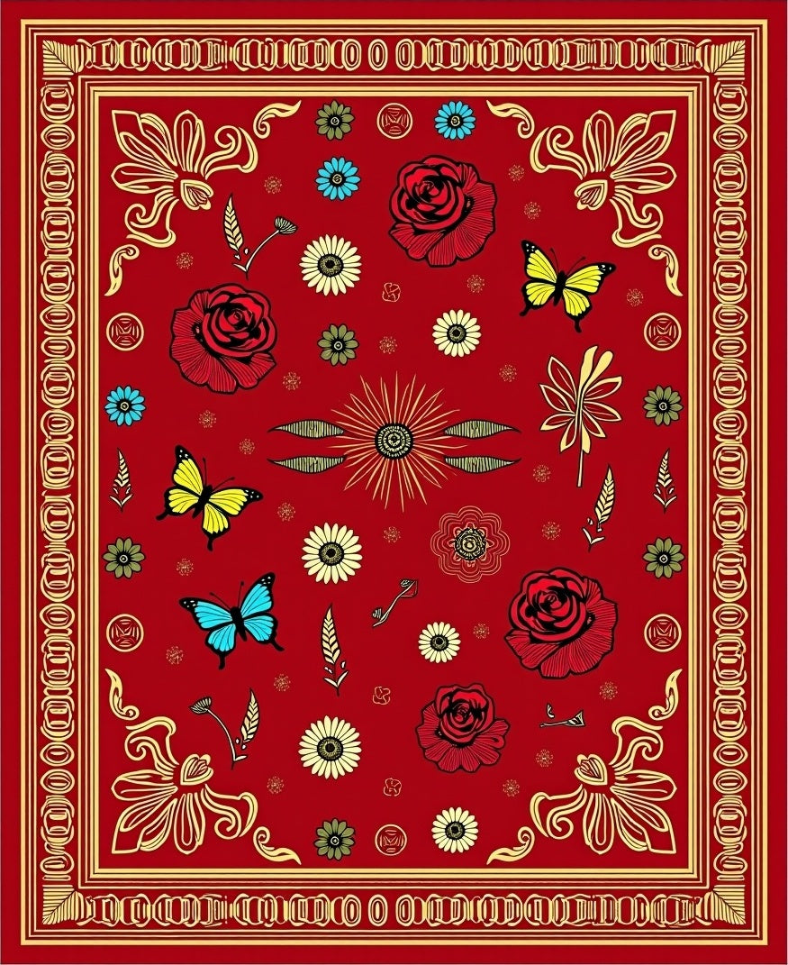 Crimson Red Butterfly Floral Garden Rug