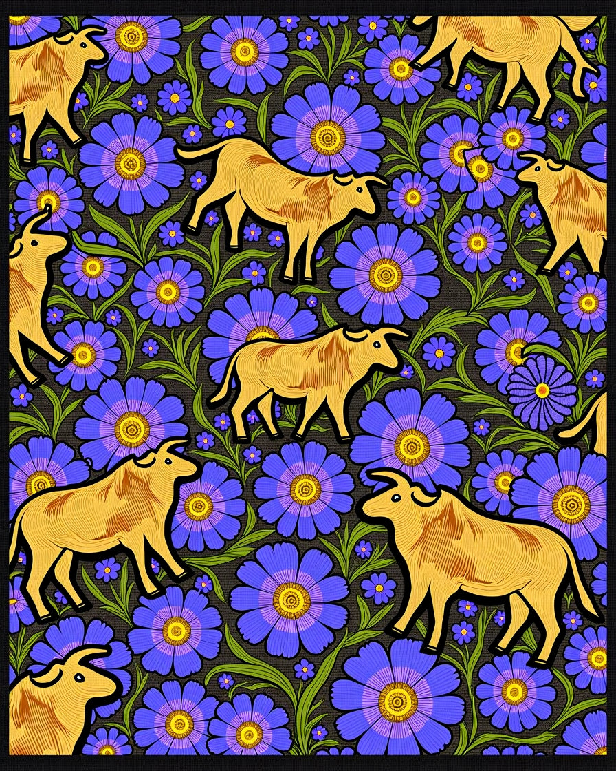Golden Ox Blue Floral Garden Rug