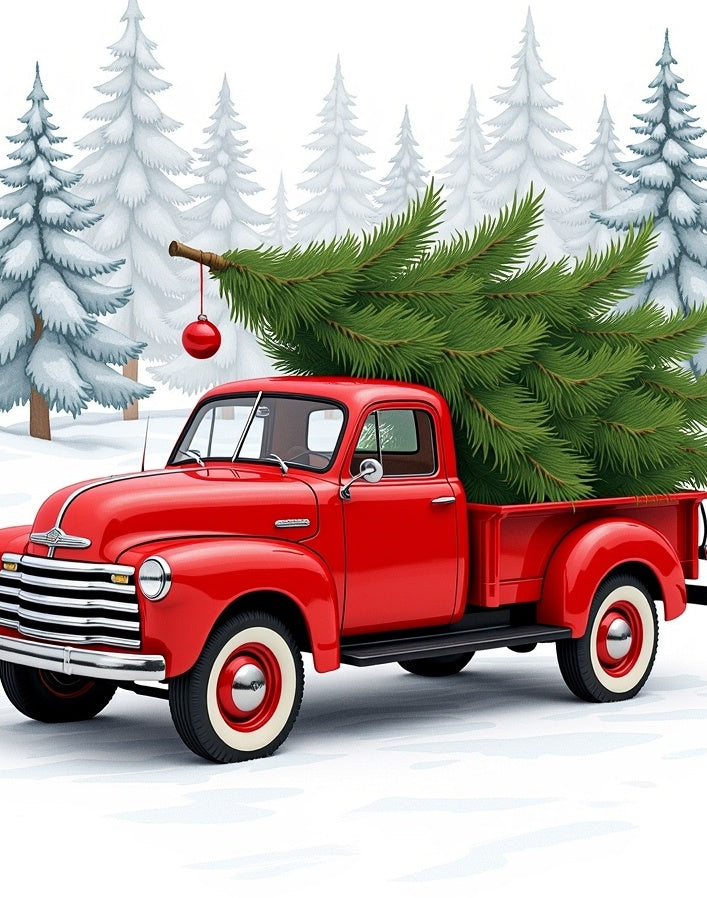 Retro Red Truck Snowy Pine Forest Rug