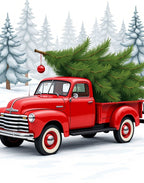 Retro Red Truck Snowy Pine Forest Rug