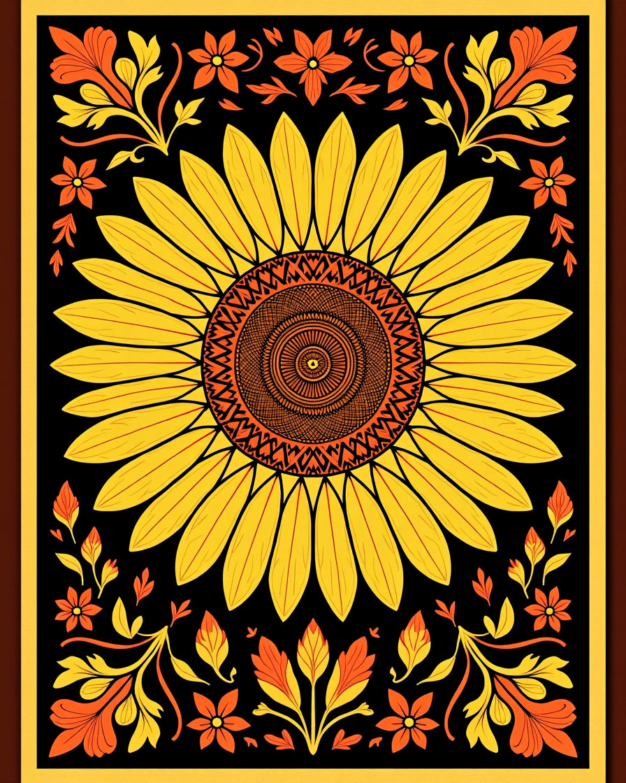 Black Yellow Orange Sunflower Floral Mandala Rug