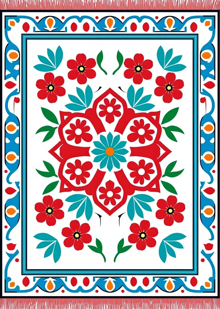 Red Teal Floral Medallion Borders Rug