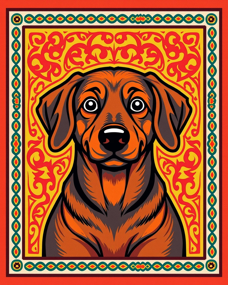 Vibrant Dog Amber Ornate Frame Rug
