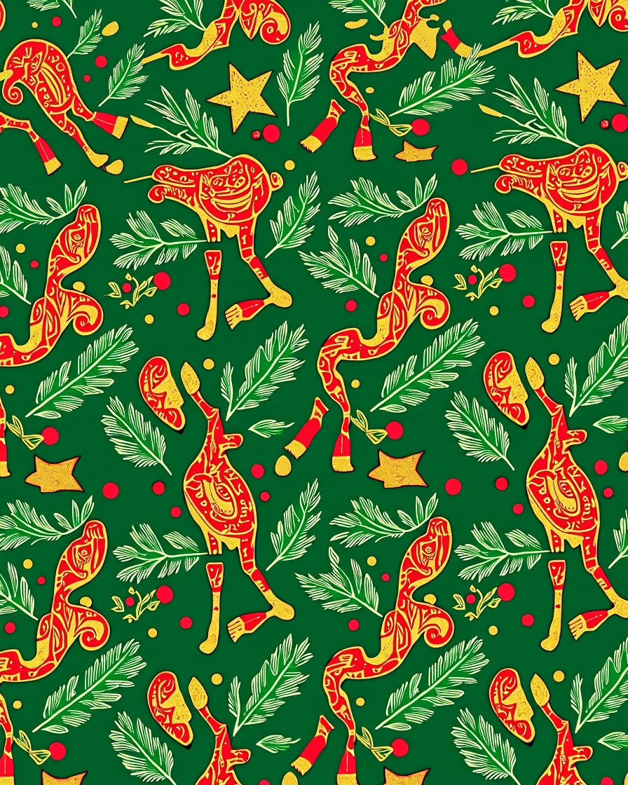 Whimsical Red Figures Green Foliage Star Rug