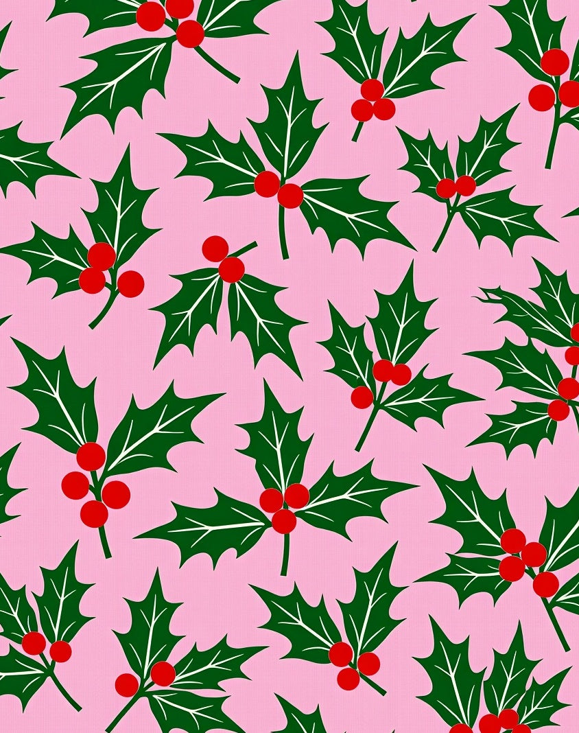 Pink Background Holly Berry Christmas Rug