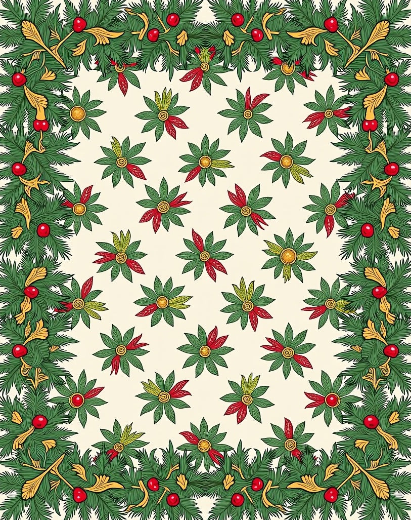 Festive Green Christmas Holly Border Rug