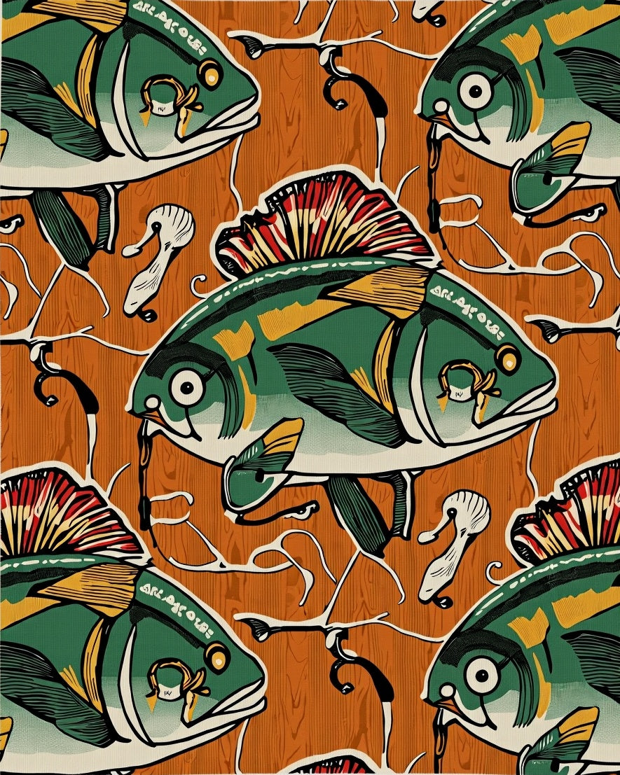 Green Brown Fish Nautical Wood Grain Rug