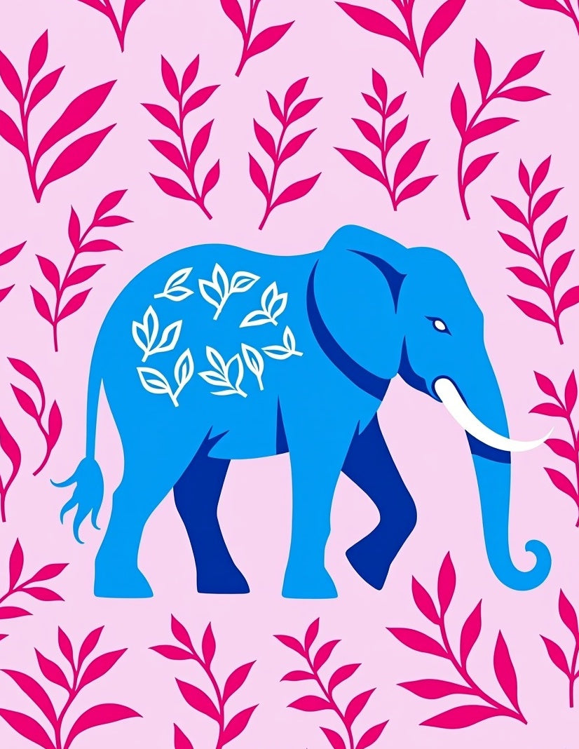 Vibrant blue elephant surrounded by foliage Rug
