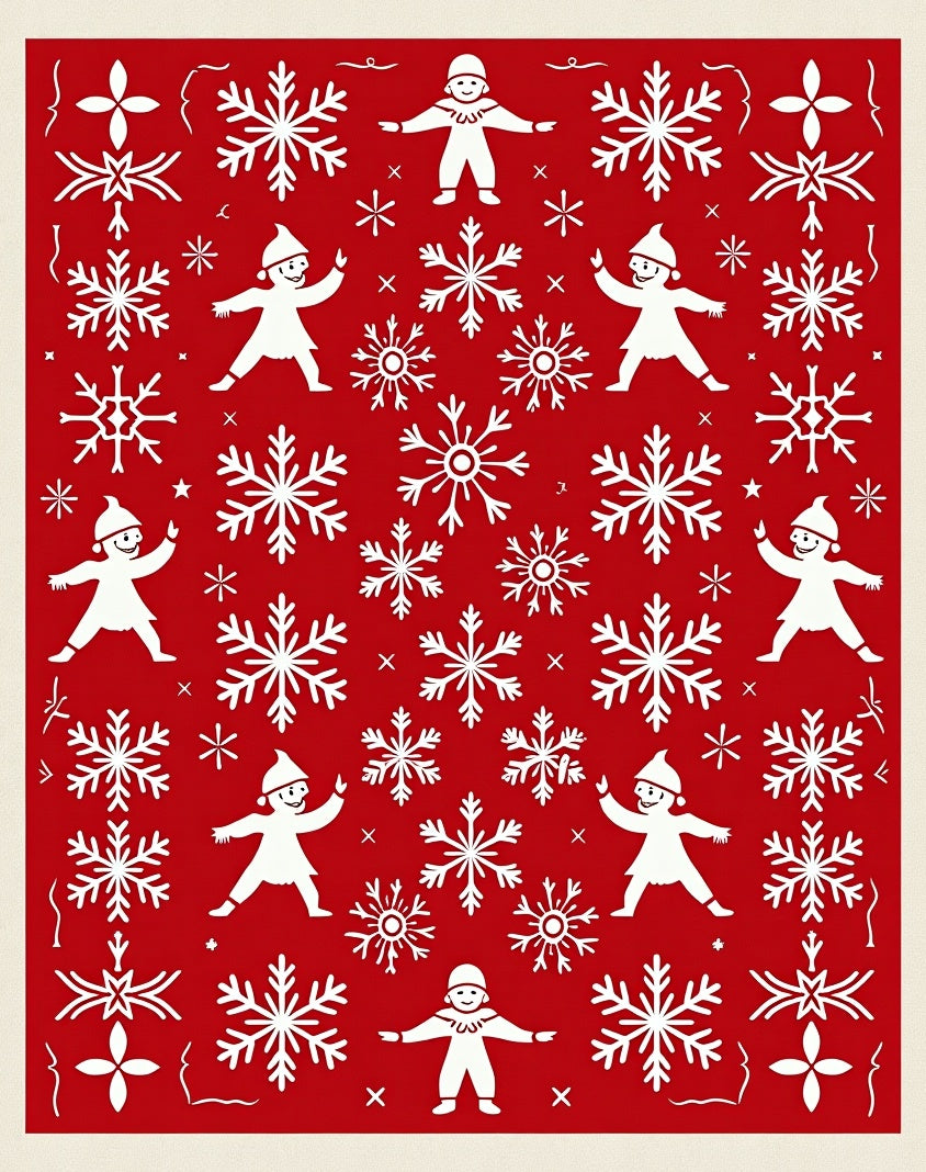 Red Snowflakes And Playful People Rug