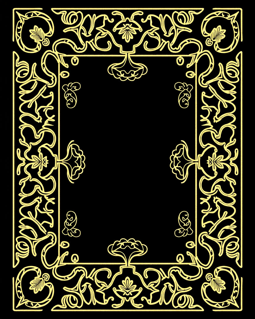 Ornate Yellow Scrollwork Floral Border Rug
