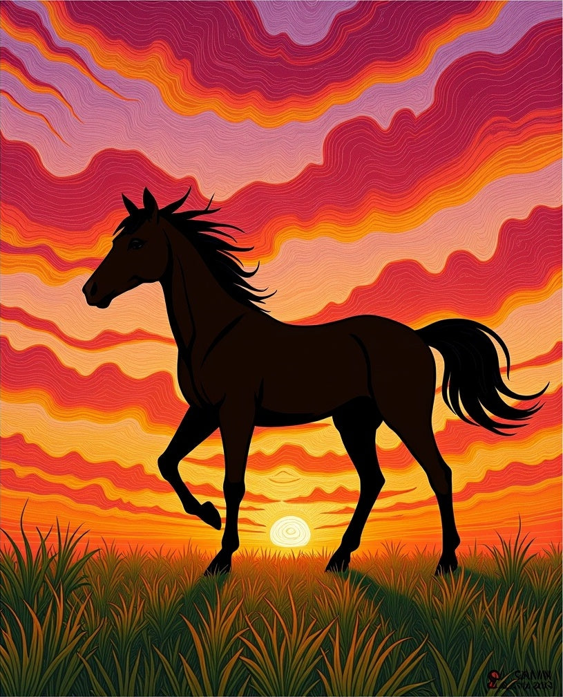 Sunset Horse Silhouette in Grassy Field Rug