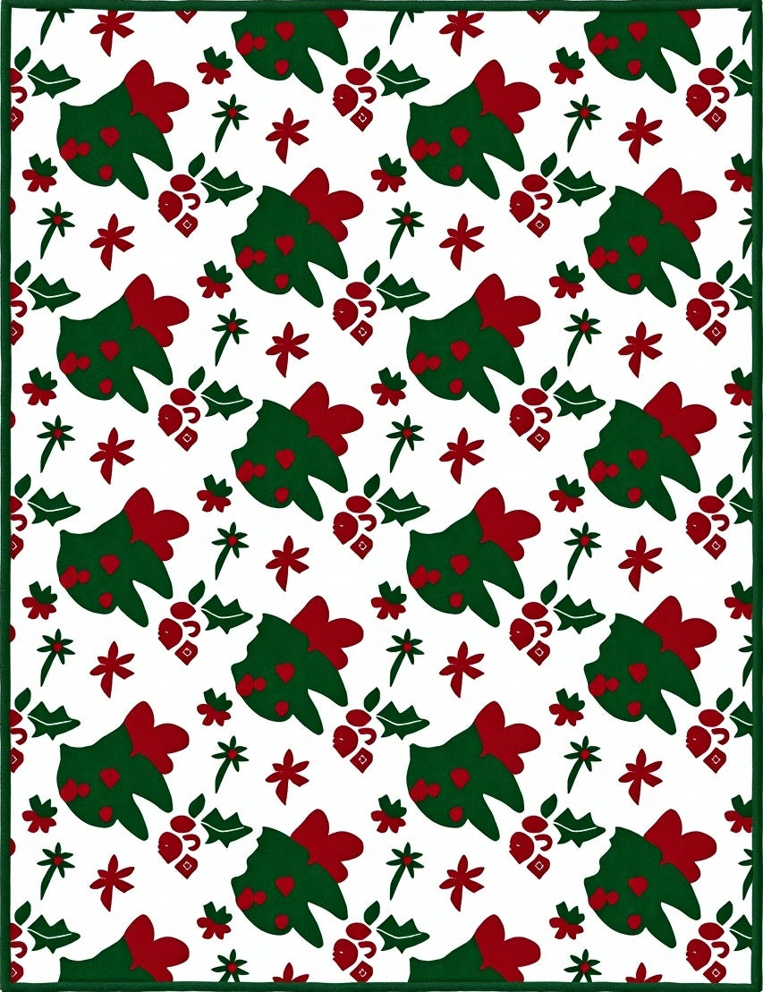 Festive Green Red Christmas Tree Holly Rug