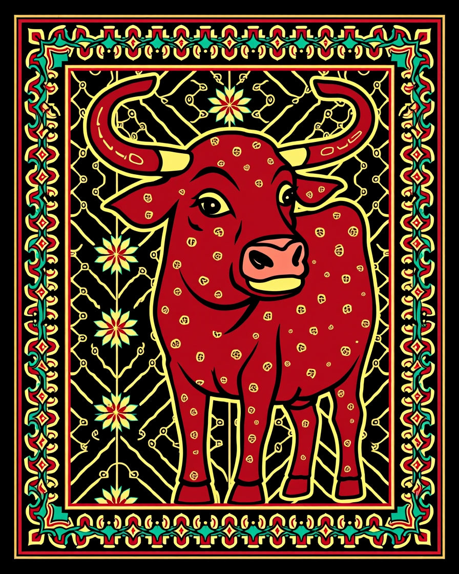 Bold Red Bull Floral Border Rug