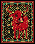 Bold Red Bull Floral Border Rug