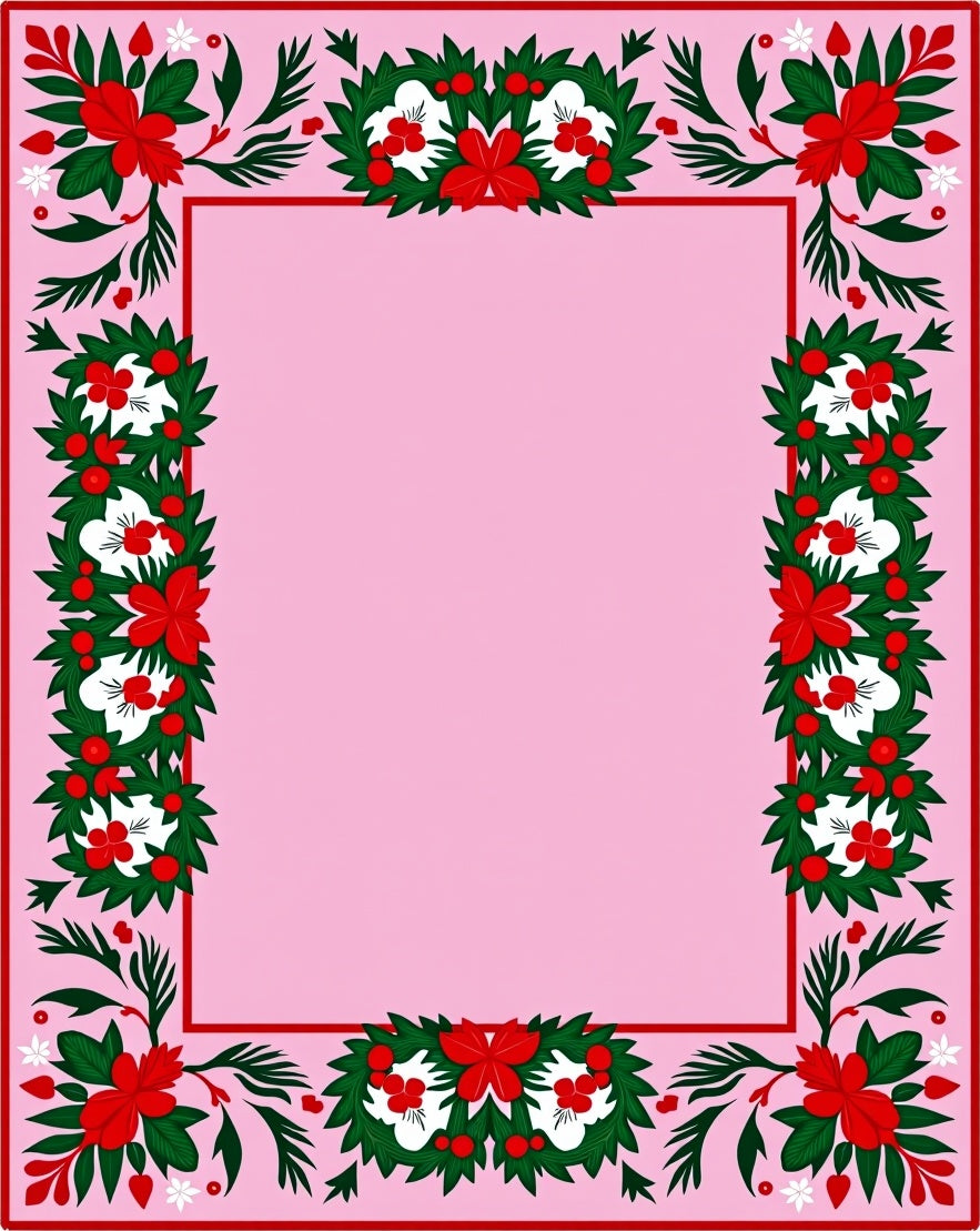Festive Red Green Floral Wreath Border Rug