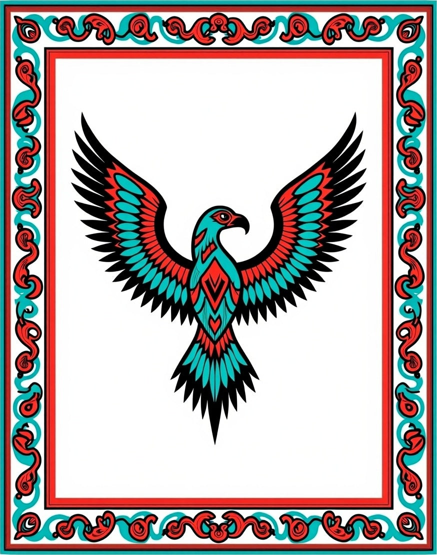Bold Red Turquoise Eagle Medallion Frame Rug