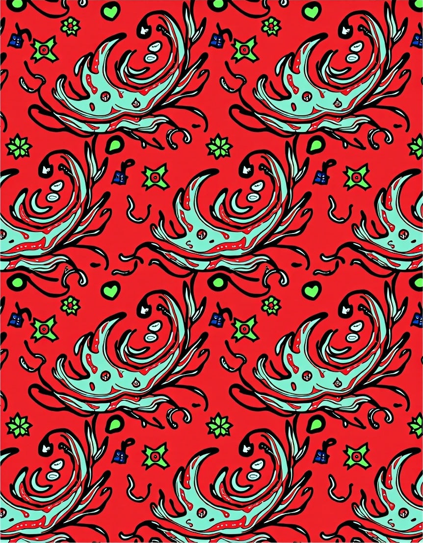 Red Aqua Floral Swirls Folk Rug