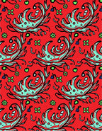 Red Aqua Floral Swirls Folk Rug