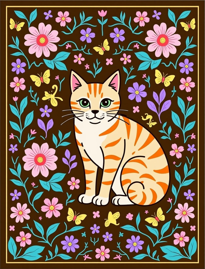 Whimsical Ginger Cat Floral Butterfly Garden Rug