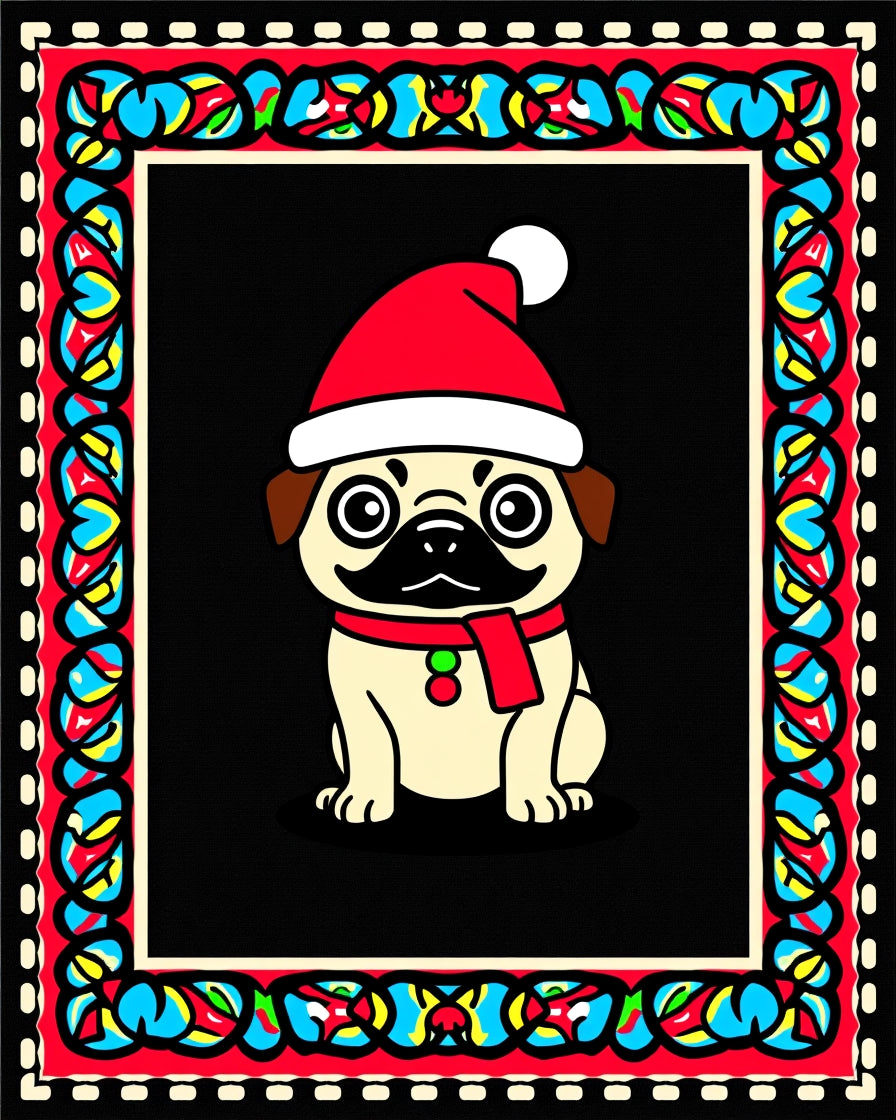Festive Pug With Red Hat Border Rug