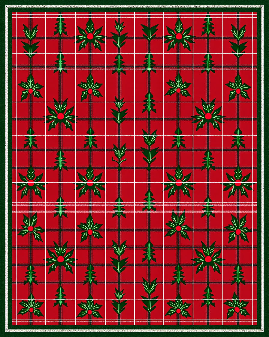 Red Green Tartan Holly Sprigs Rug