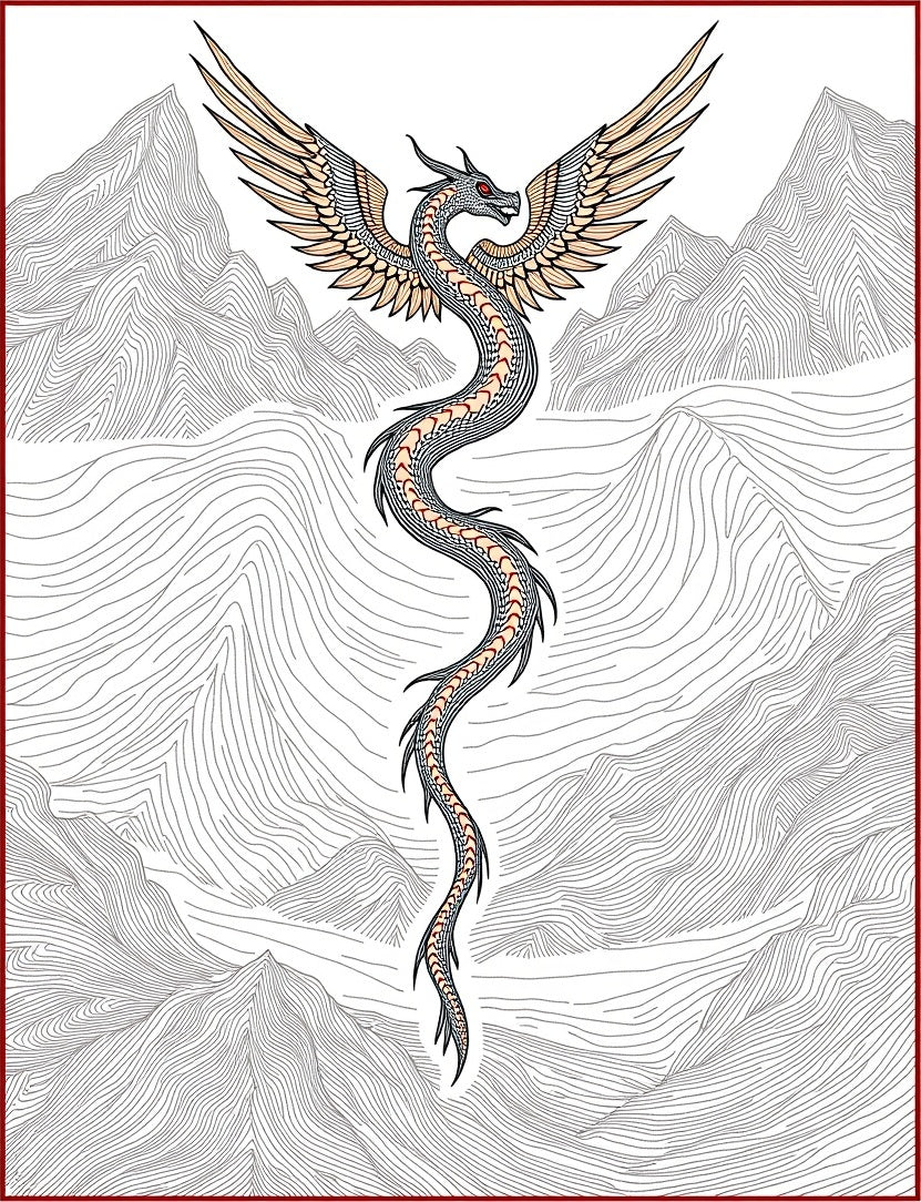 Mythic Winged Serpent Mountain Landscape Rug
