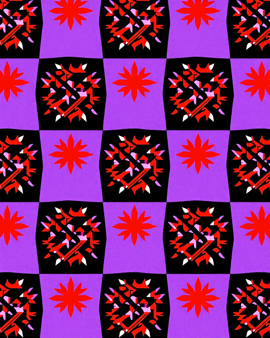 Vibrant Red Starburst Checkerboard Rug
